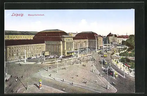 AK Leipzig, Hauptbahnhof, Vorplatz mit Strassenbahnen