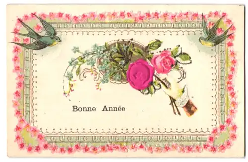 Stoff-Präge-AK Bonne Annee, Rosen werden übergeben, Vögel und Blumen am Rand
