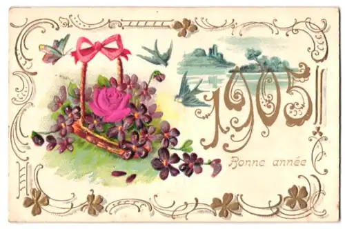 Stoff-Präge-AK Bonne Annee 1905, Ortsansicht, ein Korb mit Blumen