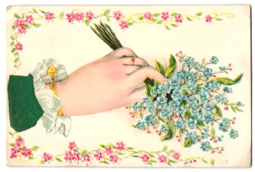 Stoff-Präge-AK eine Damenhand mit goldenem Armreif überreicht einen Strauss Blumen