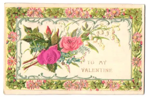 Stoff-Präge-AK Valentinsgrüsse, ein Strauss Blumen