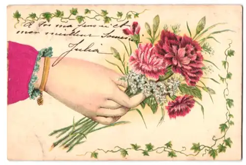 Stoff-Präge-AK Damenhand mit Goldkette überreicht einen Strauss Blumen