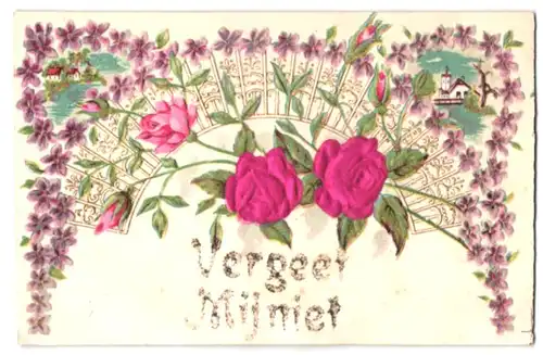 Stoff-Präge-AK Vergeet Mijniet, kleine Siedlung am Ufer, Rosenzweige mit Blüten