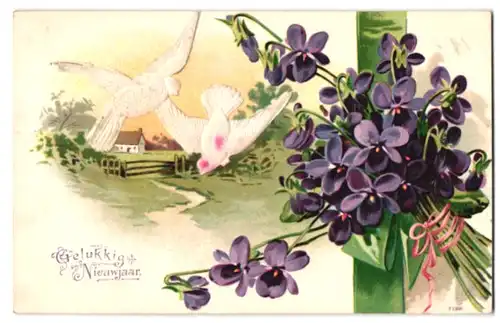 Stoff-Präge-AK Gelukkig Nieuwjaar, Tauben mit einem Blumenstrauss