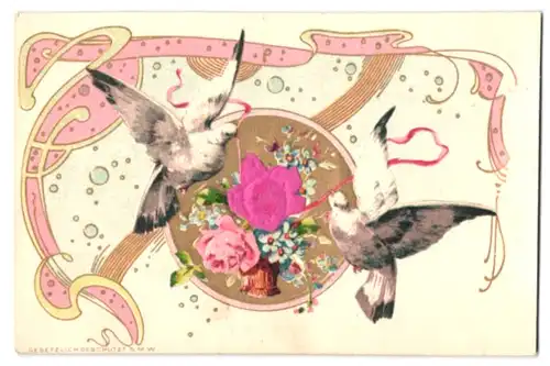 Stoff-Präge-AK Blumenstrauss mit Tauben