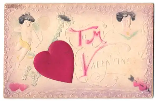 Stoff-Präge-AK Valentinsgrüsse, Amor und ein grosses Herz