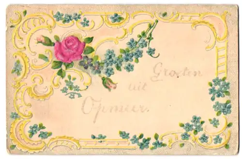 Stoff-Präge-AK Grusskarte mit Blumenschmuck und Randverzierung