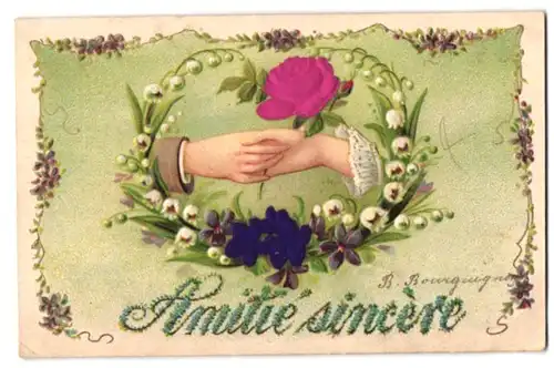 Stoff-Präge-AK Amitie Sincere, ein Pärchen reicht sich die Hände, Blumenzierde