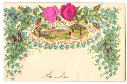 Stoff-Präge-AK Mann im Obsthain, Blick zum Ort, mit Blumenschmuck umgeben