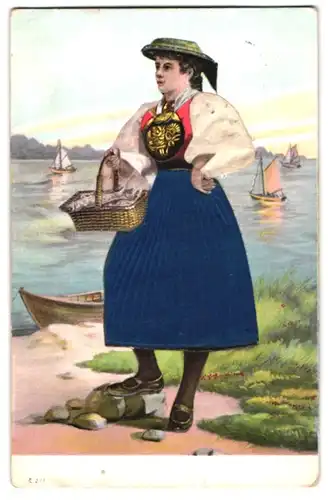 Stoff-Präge-AK Frau in Trachten steht am Ufer, Segelschiffe im Hintergrund