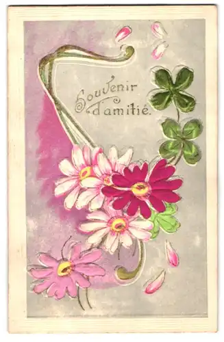 Stoff-Präge-AK Grusskarten, Blumen mit Klee geschmückt