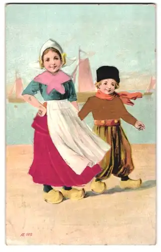 Stoff-Präge-AK ein Mädchen und und ein Junge in Trachten, Segelschiffe