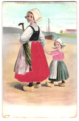 Stoff-Präge-AK Mutter mit Kind in Tracht und Holzschuhen