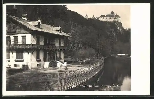 AK Rosenburg, Gasthaus am Ufer unter dem Schloss