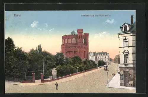 AK Essen a. Ruhr, Steelstrasse mit dem Wasserturm