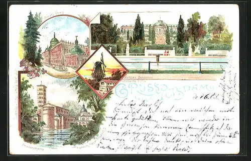 Lithographie Potsdam, Schloss Sanssouci, Neues Palais, Friedenskirche