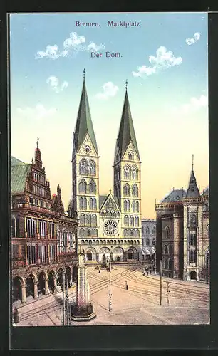 AK Bremen, Dom mit Markplatz bei Dämmerung