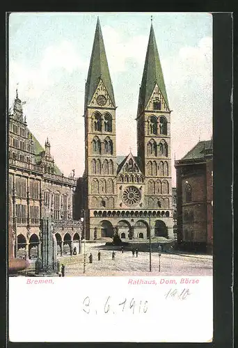 AK Bremen, Rathaus, Dom und Börse bei Abenddämmerung