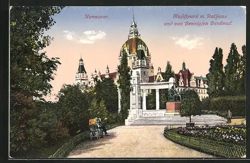 AK Hannover, Marschpark mit Rathaus und von Bennigsen Denkmal