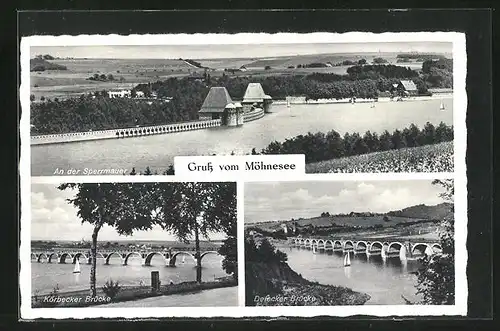AK Möhnesee, an der Sperrmauer, Körbecker und Delecker Brücken