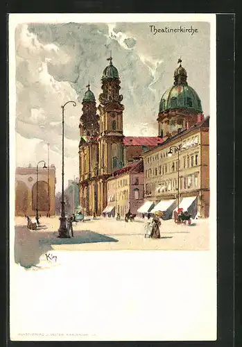 Künstler-AK Heinrich Kley: München, Passanten vor der Theatinerkirche