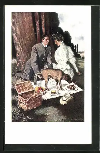 Künstler-AK Clarence F. Underwood: Liebespaar beim Picknick unter einem alten Baum