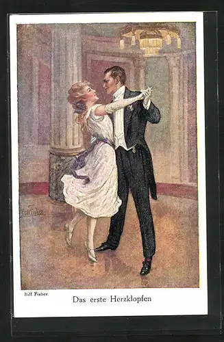Künstler-AK Bill Fisher: Das erste Herzklopfen, elegant gekleidetes Paar beim Tanzen