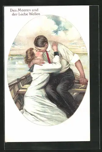 Künstler-AK Clarence F. Underwood: Des Meeres und der Liebe Wellen, Liebespaar küsst sich in einem Ruderboot