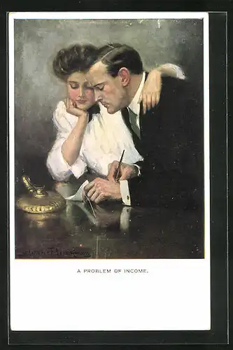 Künstler-AK Clarence F. Underwood: a problem of income, Mann und Frau unterzeichnen einen Brief