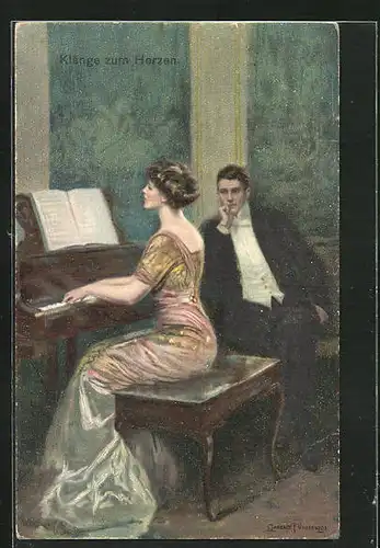 Künstler-AK Clarence F. Underwood: Klänge zum Herzen, Mann lauscht dem Klavierspiel seiner Liebsten