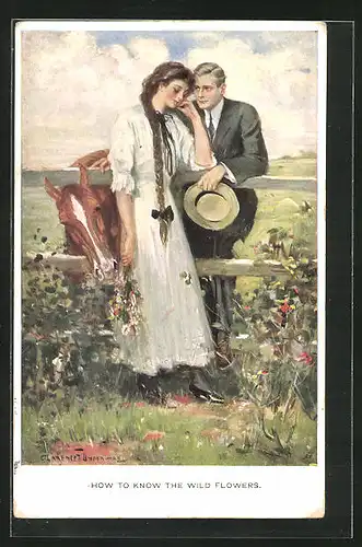 Künstler-AK Clarence F. Underwood: Liebespaar beim Flirt am Gartenzaun