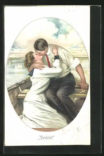 Künstler-AK Clarence F. Underwood: Verlobt, Liebespaar küsst sich innig im Ruderboot