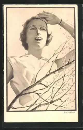 Künstler-AK sign. J. A. Engelhard: hübsches Fräulein blickt mit der Hand vor Sonne geschützt in die Ferne