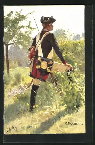 Künstler-AK sign. C. Röchling: Soldat mit Bajonett auf einer Blumenwiese stehend