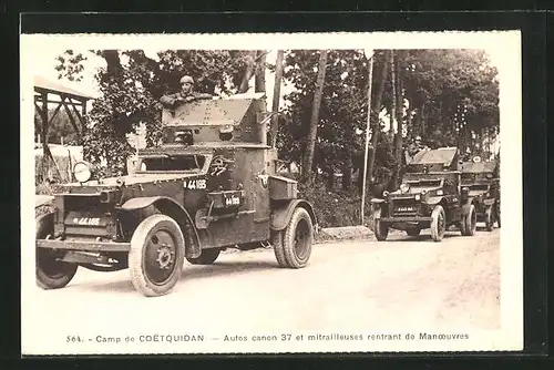 AK Camp de Coetquidan, Autos canon 37 et mitrailleuses rentrant de Manoeuvres