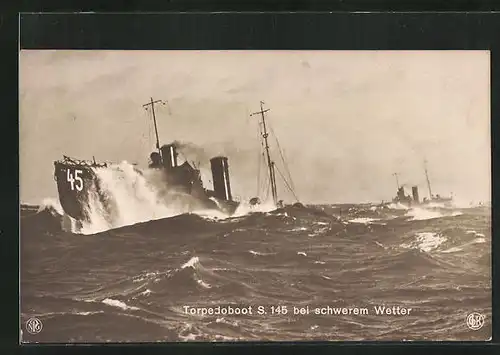 AK Torpedoboot S. 145 bei schwerem Wetter auf See