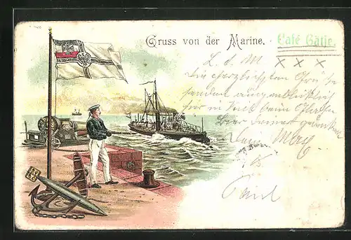 Lithographie Kriegsschiff fährt in den Hafen ein, Matrose mit Reichskriegsflagge