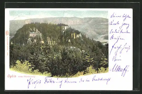 AK Oybin, Blick vom Pferdeberg aus auf die Burg