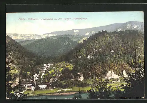 AK Schmilka /Sächs. Schw., Ortsansicht aus der Vogelperspektive mit grossem Winterberg