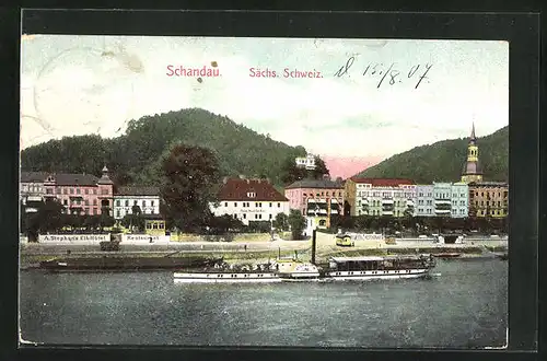 AK Schandau /Sächs. Schw., Ortsansicht mit Dampfer und Blick auf das A. Stephans Elb-Hotel