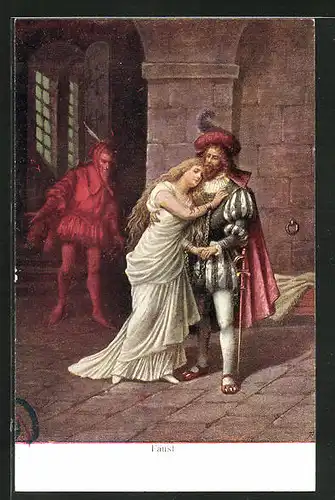 AK Szene aus Goethes Faust, Faust mit Gretchen und Mephisto