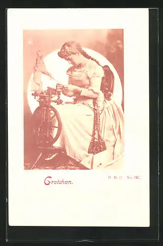 AK Szene aus Goethes Faust, Gretchen am Spinnen