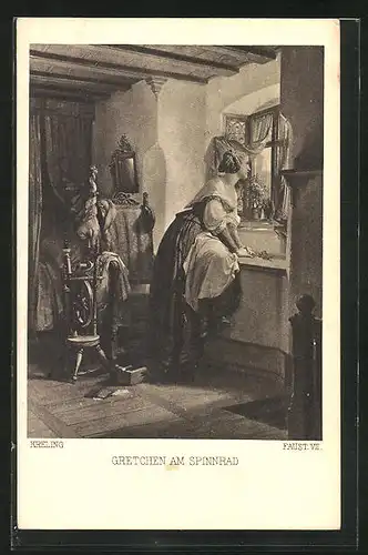 AK Szene aus Goethes Faust, Gretchen am Spinnrad