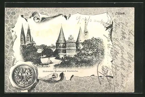 AK Lübeck, Holstentor, Marien- und Petrikirche im Passepartoutrahmen mit Siegel