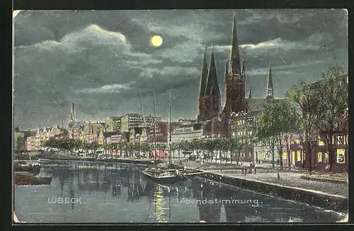 AK Lübeck, Abendstimmung, Uferpartie mit Kirche