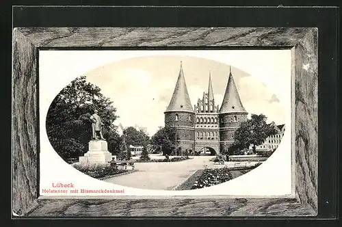 Präge-AK Lübeck, Holstentor mit Bismarckdenkmal im Passepartoutrahmen