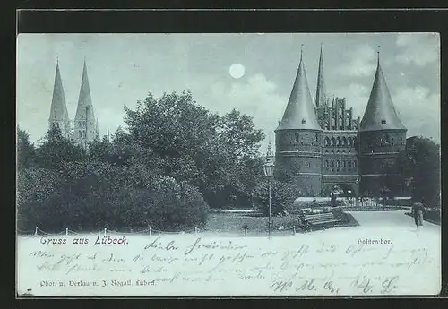 Mondschein-AK Lübeck, Parkanlage mit Holstentor