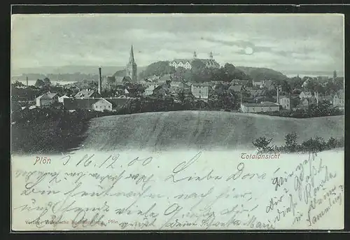 Mondschein-AK Plön, Totalansicht mit Kirche und Fabriken