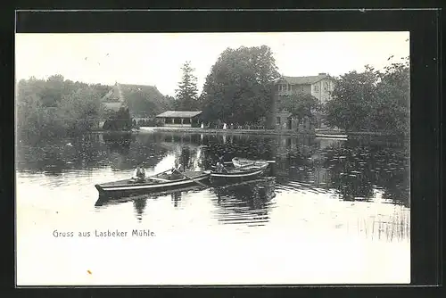 AK Lasbek, Ansicht vom See mit Mühle u. Ruderbootfahrern