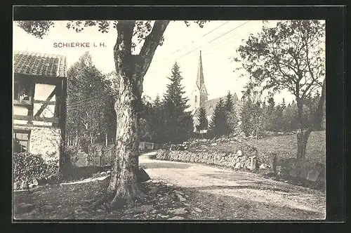 AK Schierke i. H., Blick über die Strasse zur Kirche